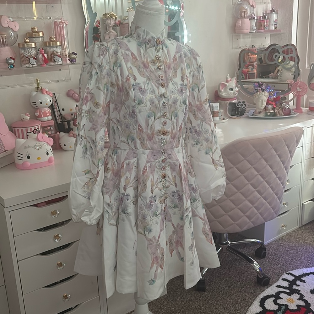 Women's Floral Print Dress Stand Collar Long Sleeve and floral Belt. - Picture 1 of 7